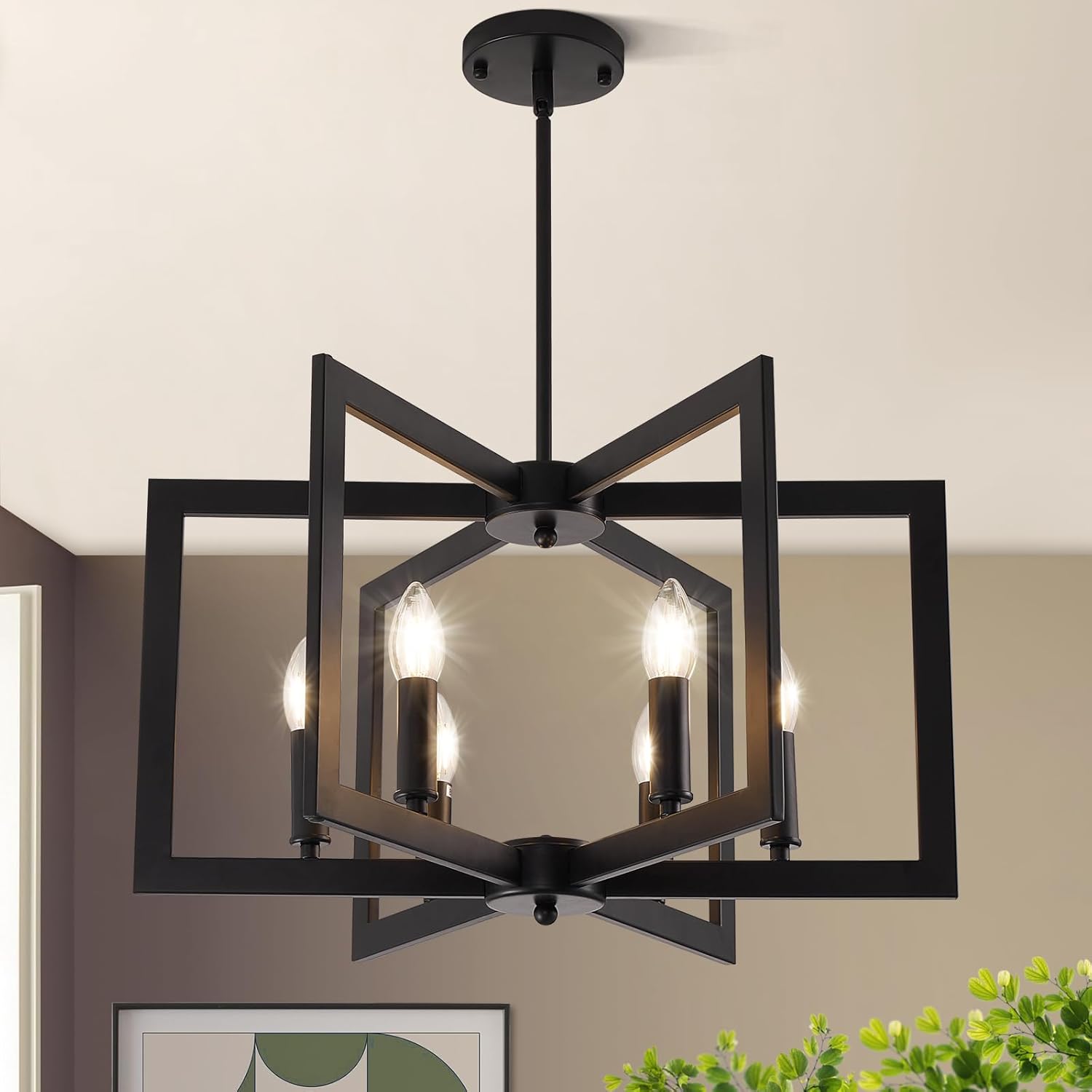 6-Light Black Geometric Farmhouse Chandelier for Dining Room