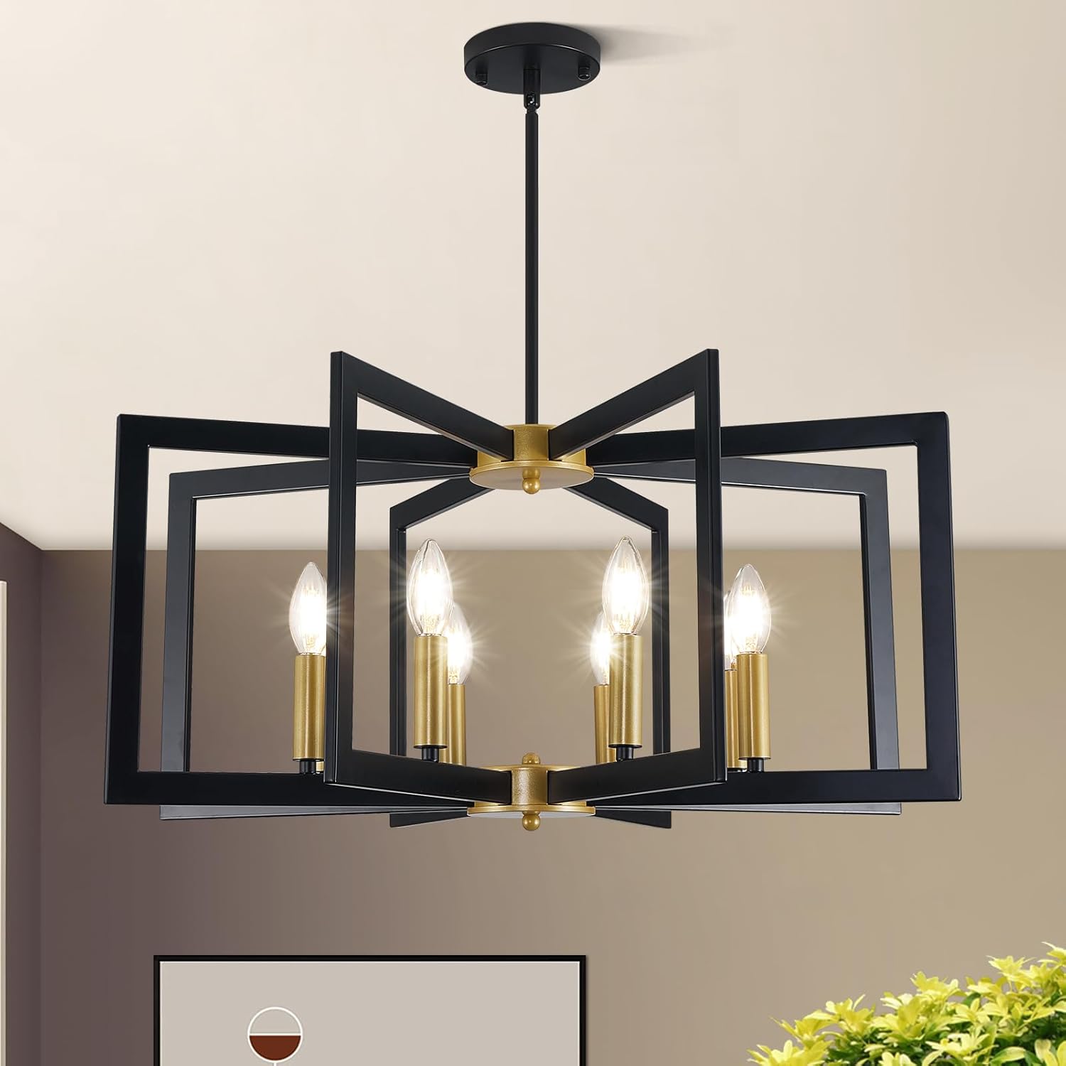 6-Light Black Geometric Farmhouse Chandelier for Dining Room