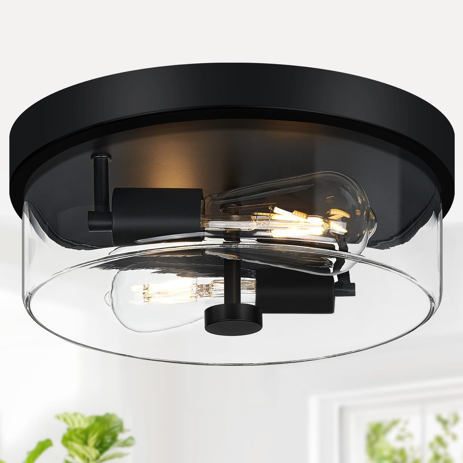 Black 2-Light Flush Mount Ceiling Light with Seeded Glass