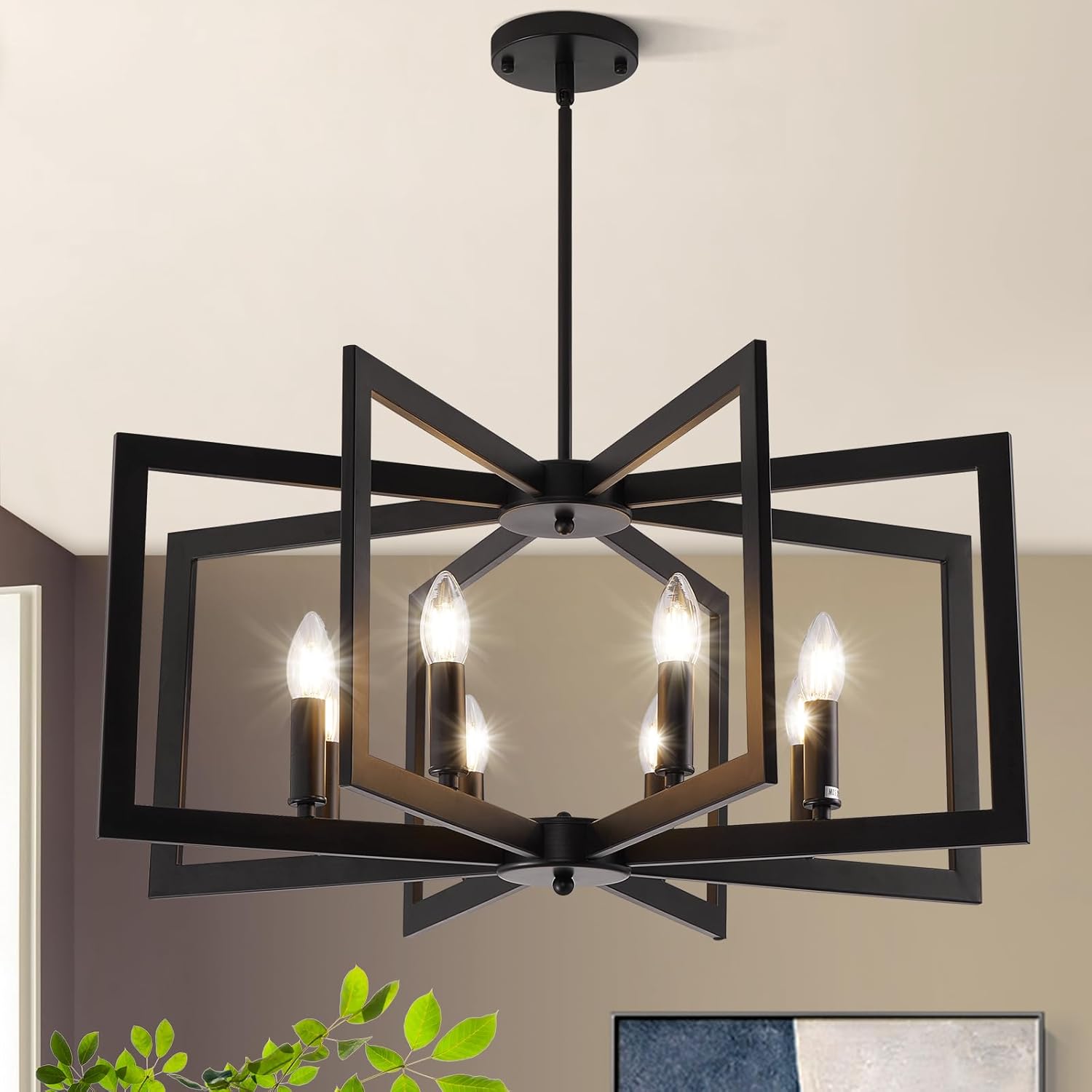 6-Light Black Geometric Farmhouse Chandelier for Dining Room