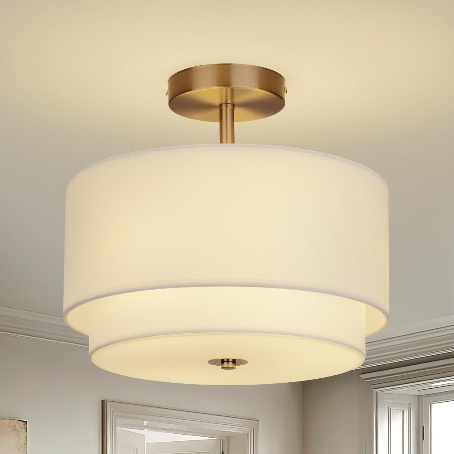 Gold Semi Flush Mount Ceiling Light with Double Linen Shade