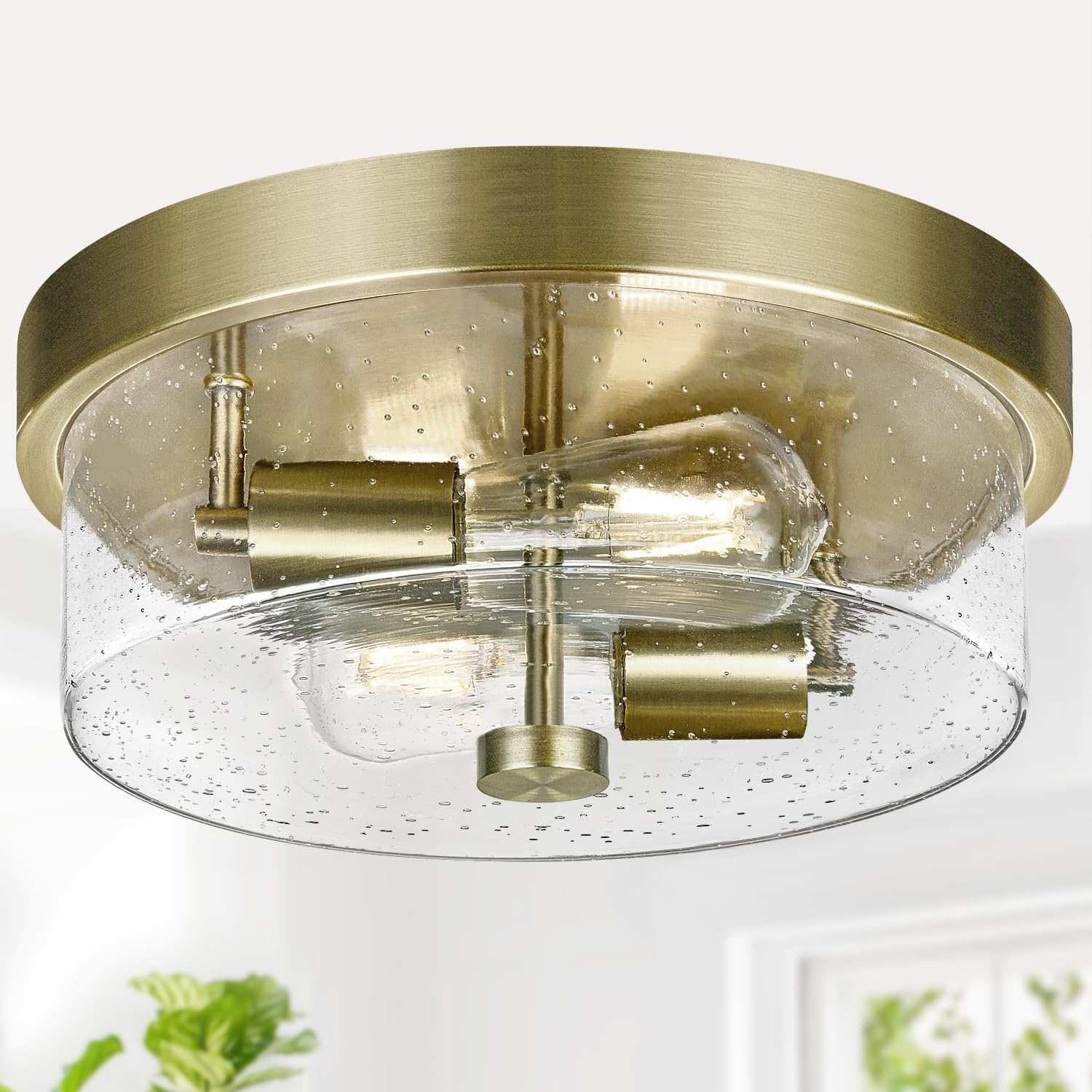 Black 2-Light Flush Mount Ceiling Light with Seeded Glass