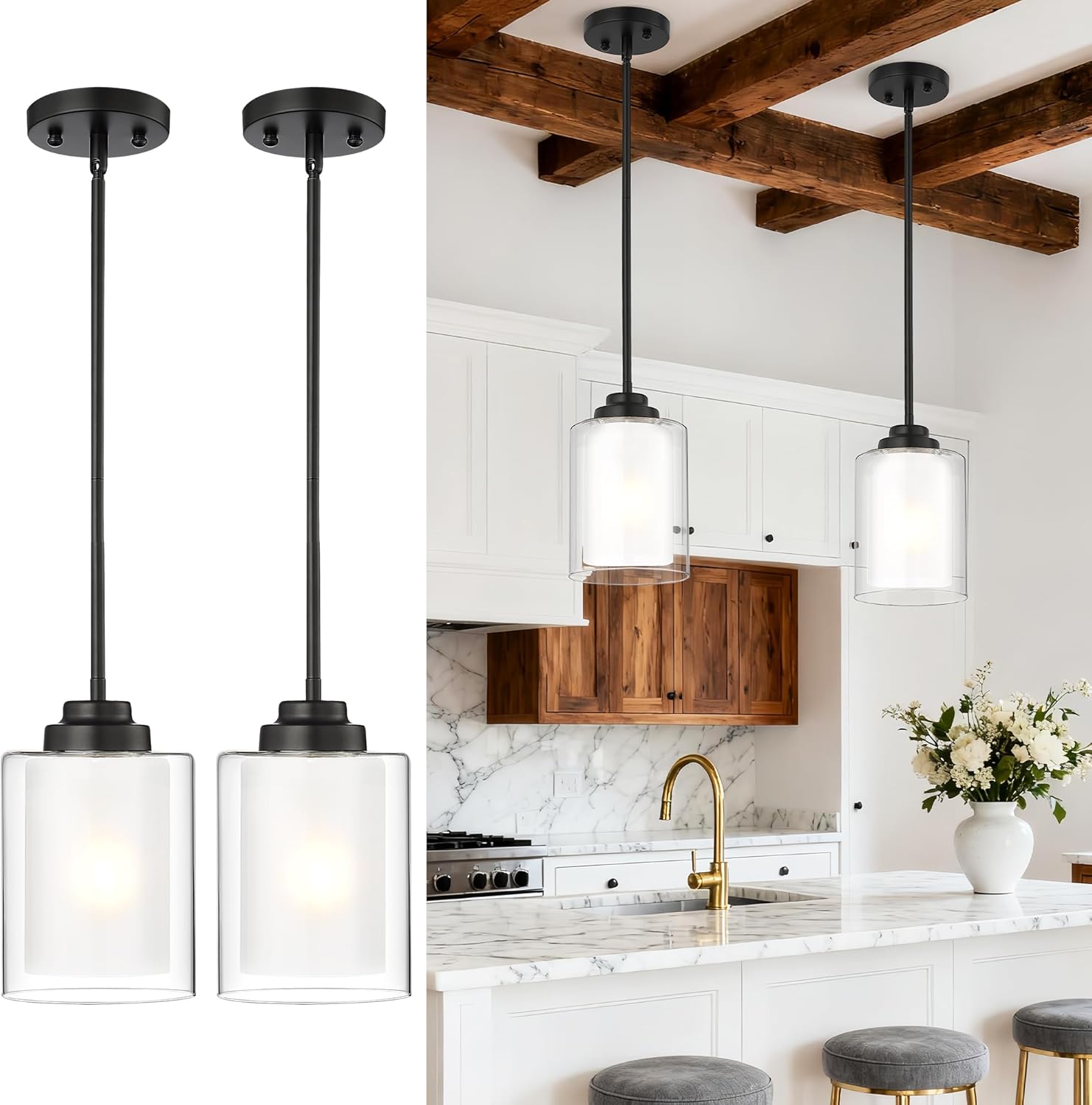 2-Pack Matte Black Farmhouse Pendant Lights for Kitchen Island