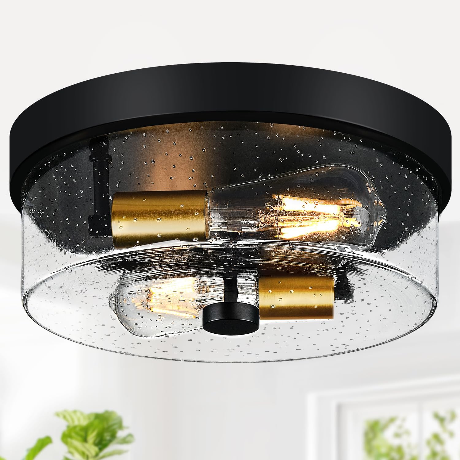 Black 2-Light Flush Mount Ceiling Light with Seeded Glass