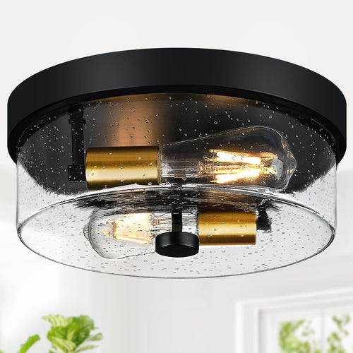 Black 2-Light Flush Mount Ceiling Light with Seeded Glass