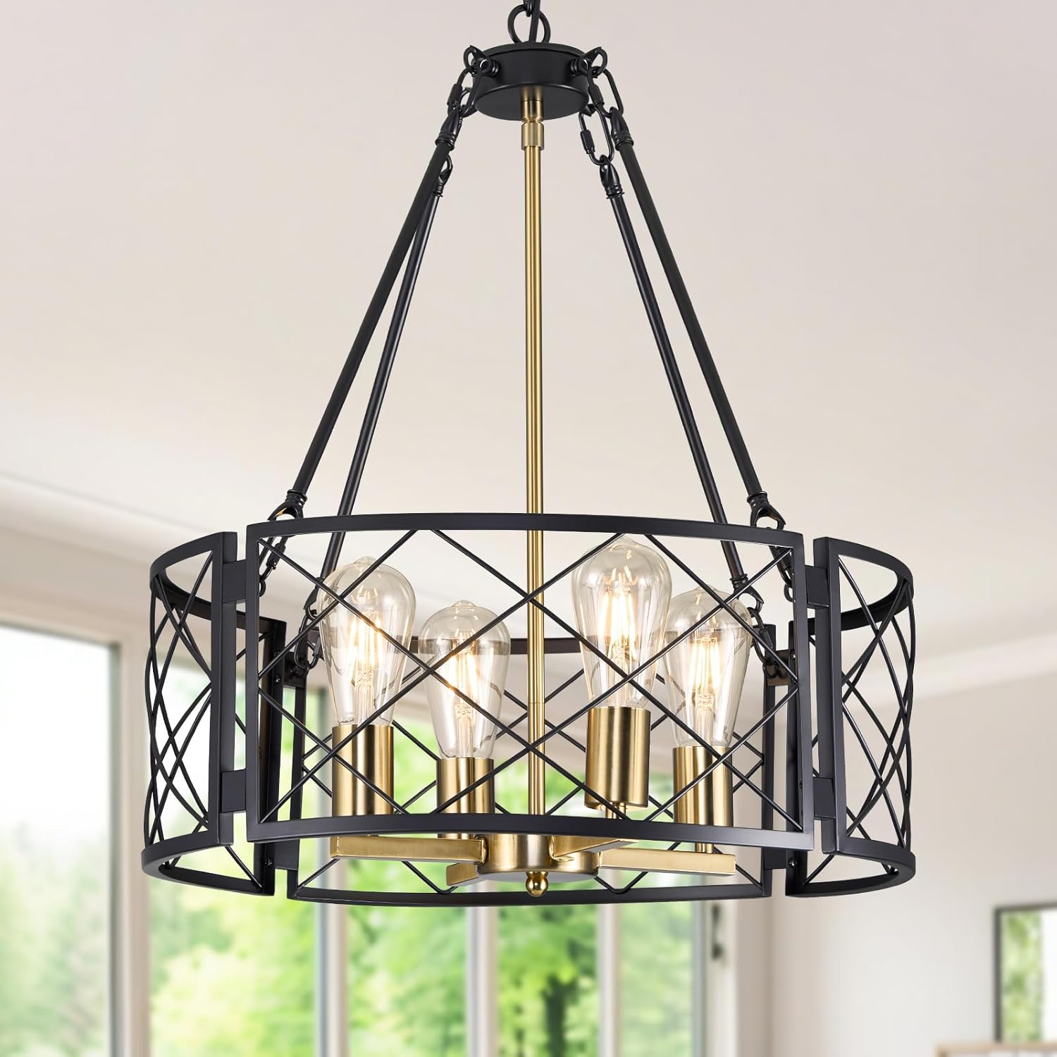 6-Light Black Geometric Farmhouse Chandelier for Dining Room