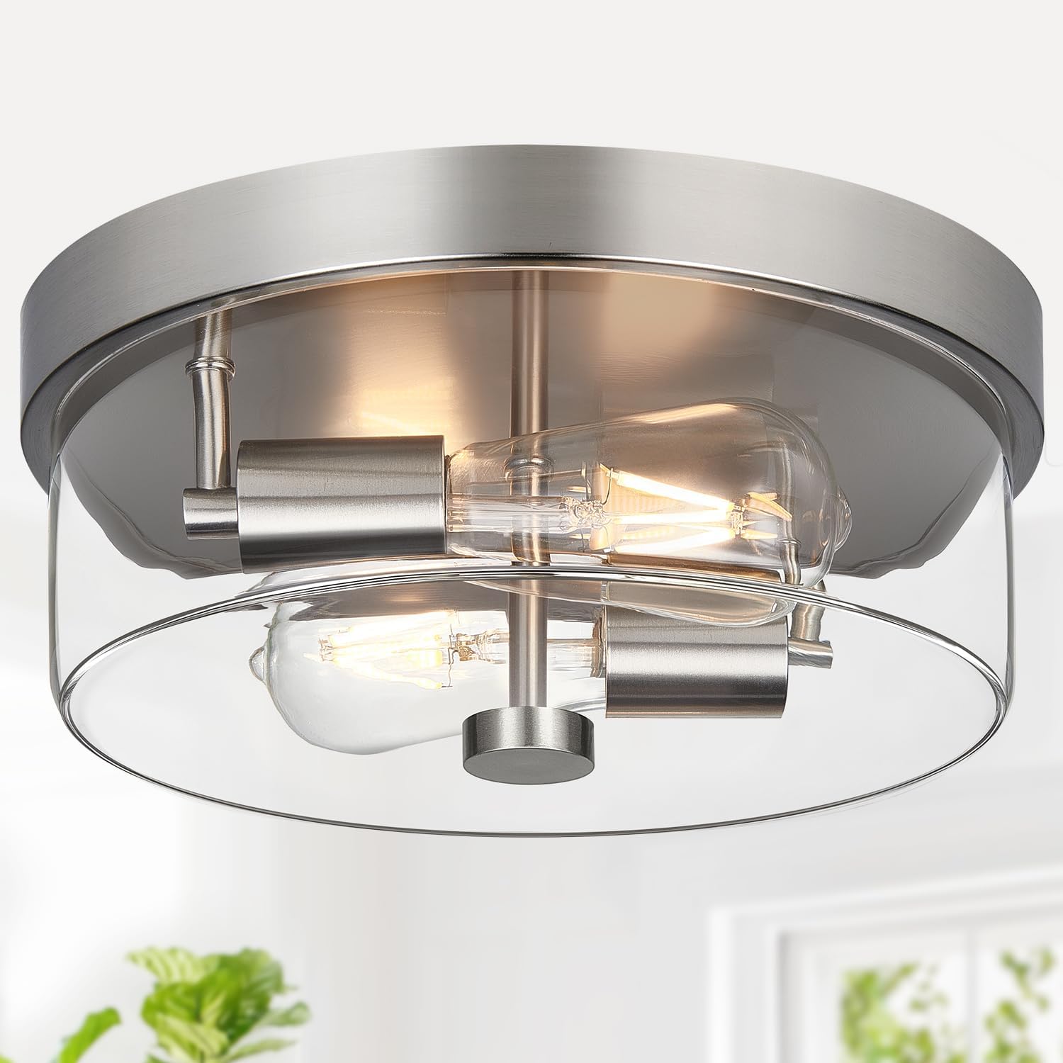 Black 2-Light Flush Mount Ceiling Light with Seeded Glass