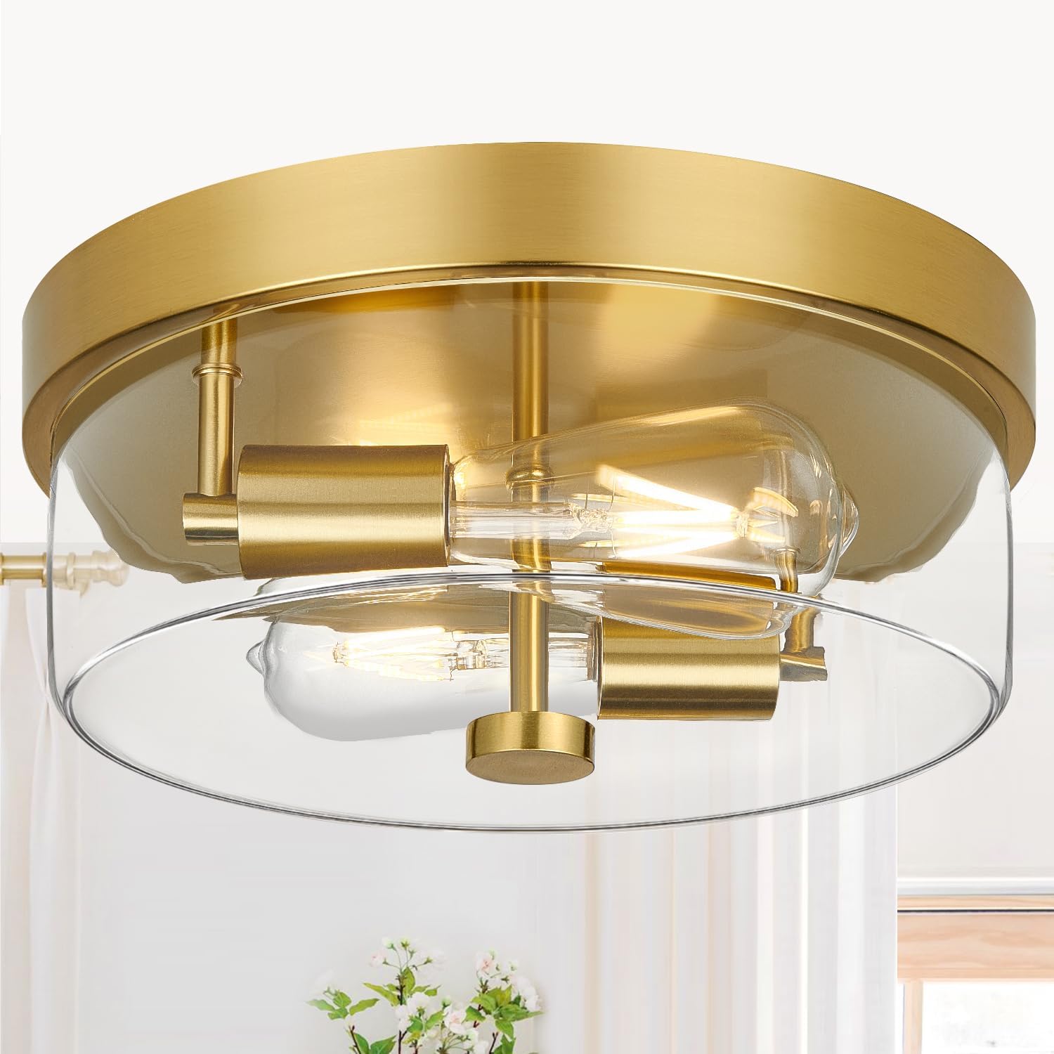 Black 2-Light Flush Mount Ceiling Light with Seeded Glass