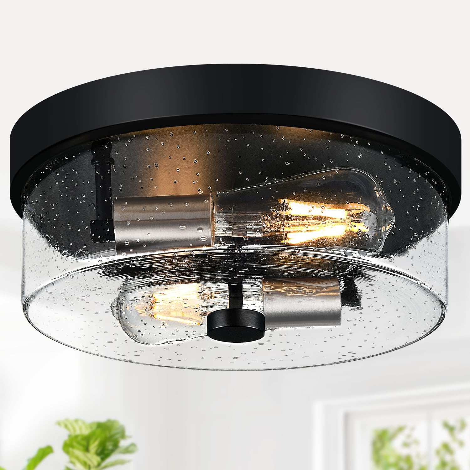Black 2-Light Flush Mount Ceiling Light with Seeded Glass