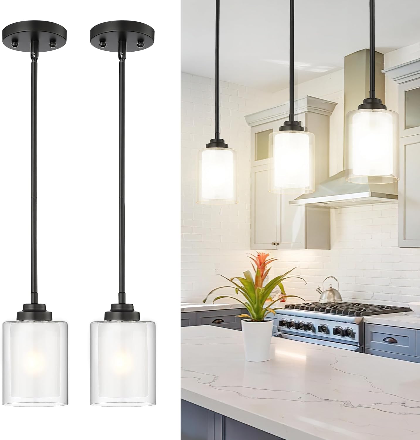 2-Pack Matte Black Farmhouse Pendant Lights for Kitchen Island