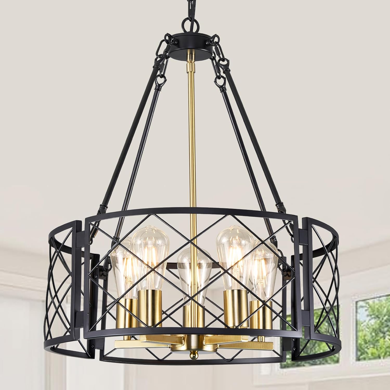 6-Light Black Geometric Farmhouse Chandelier for Dining Room