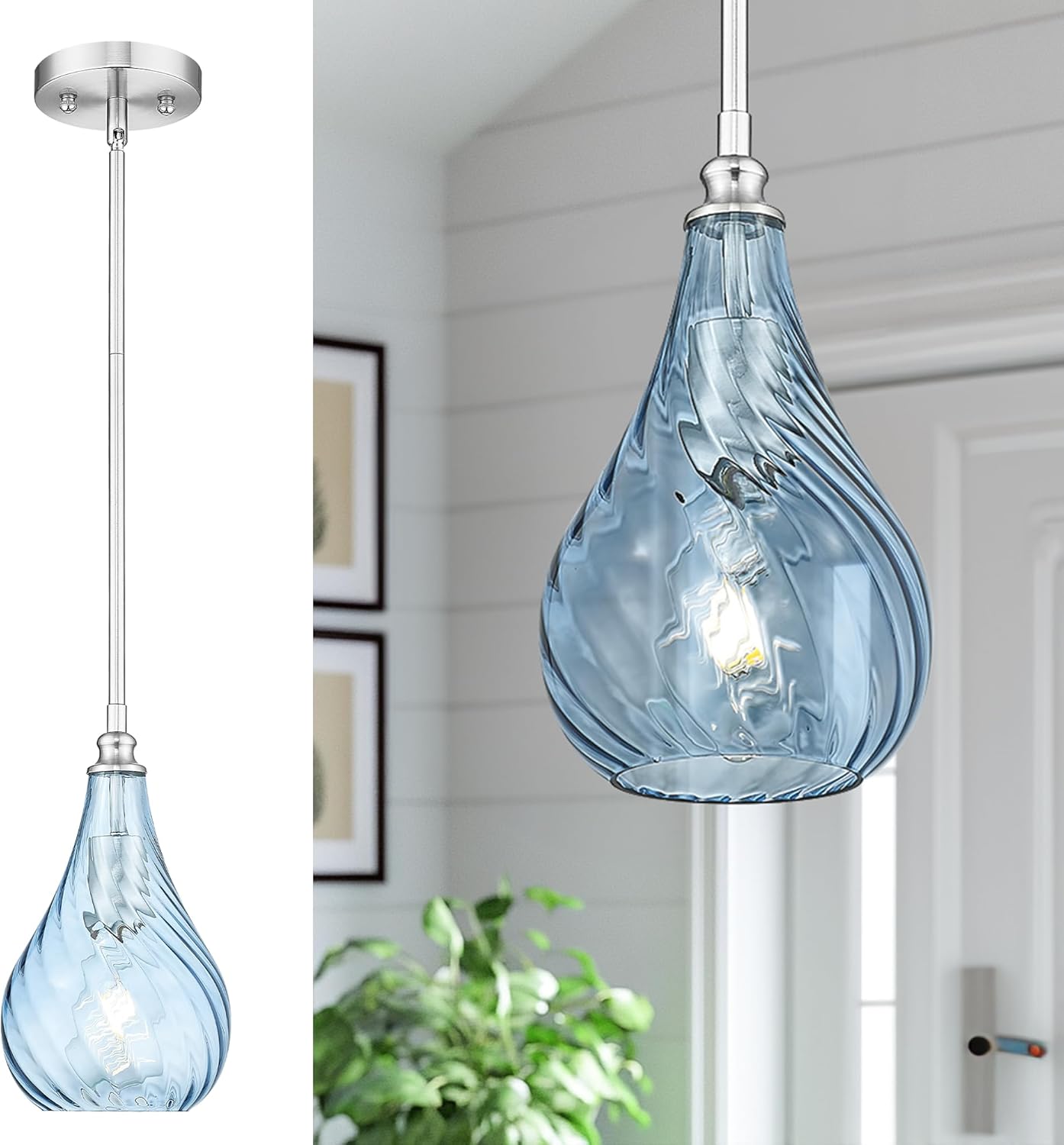 2-Pack Brushed Nickel Glass Pendant Lights for Kitchen Island