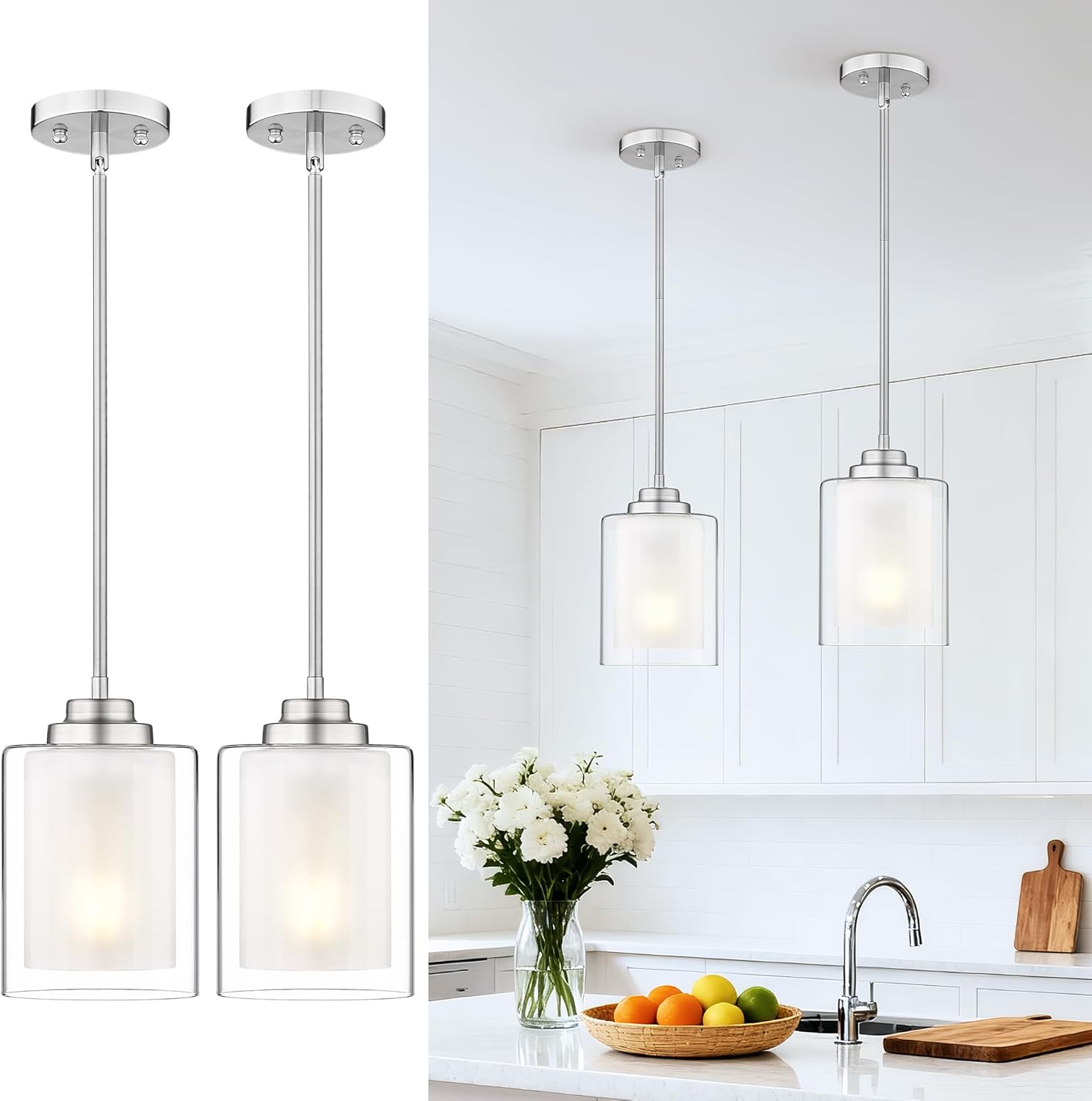 2-Pack Matte Black Farmhouse Pendant Lights for Kitchen Island