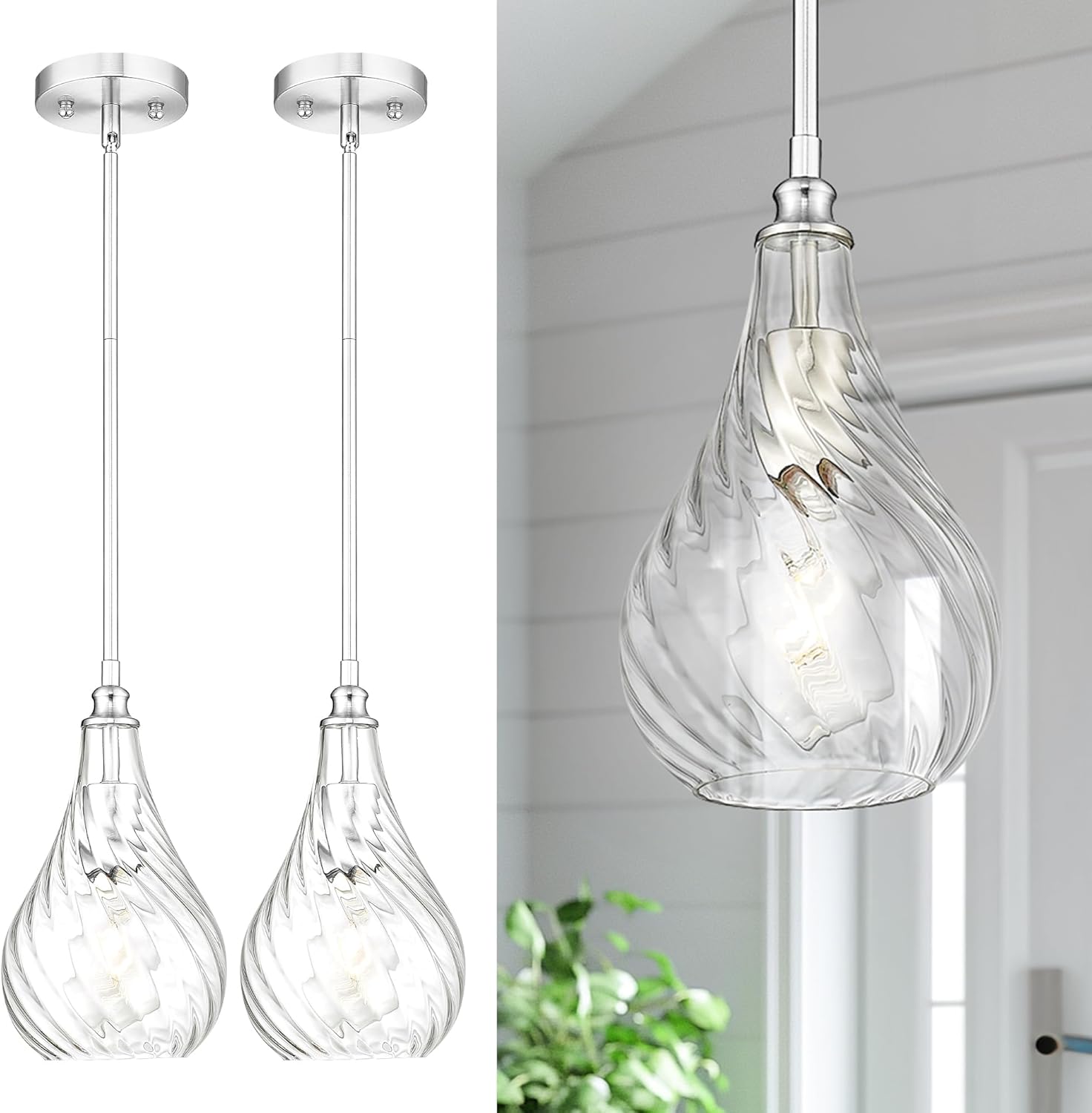 2-Pack Brushed Nickel Glass Pendant Lights for Kitchen Island