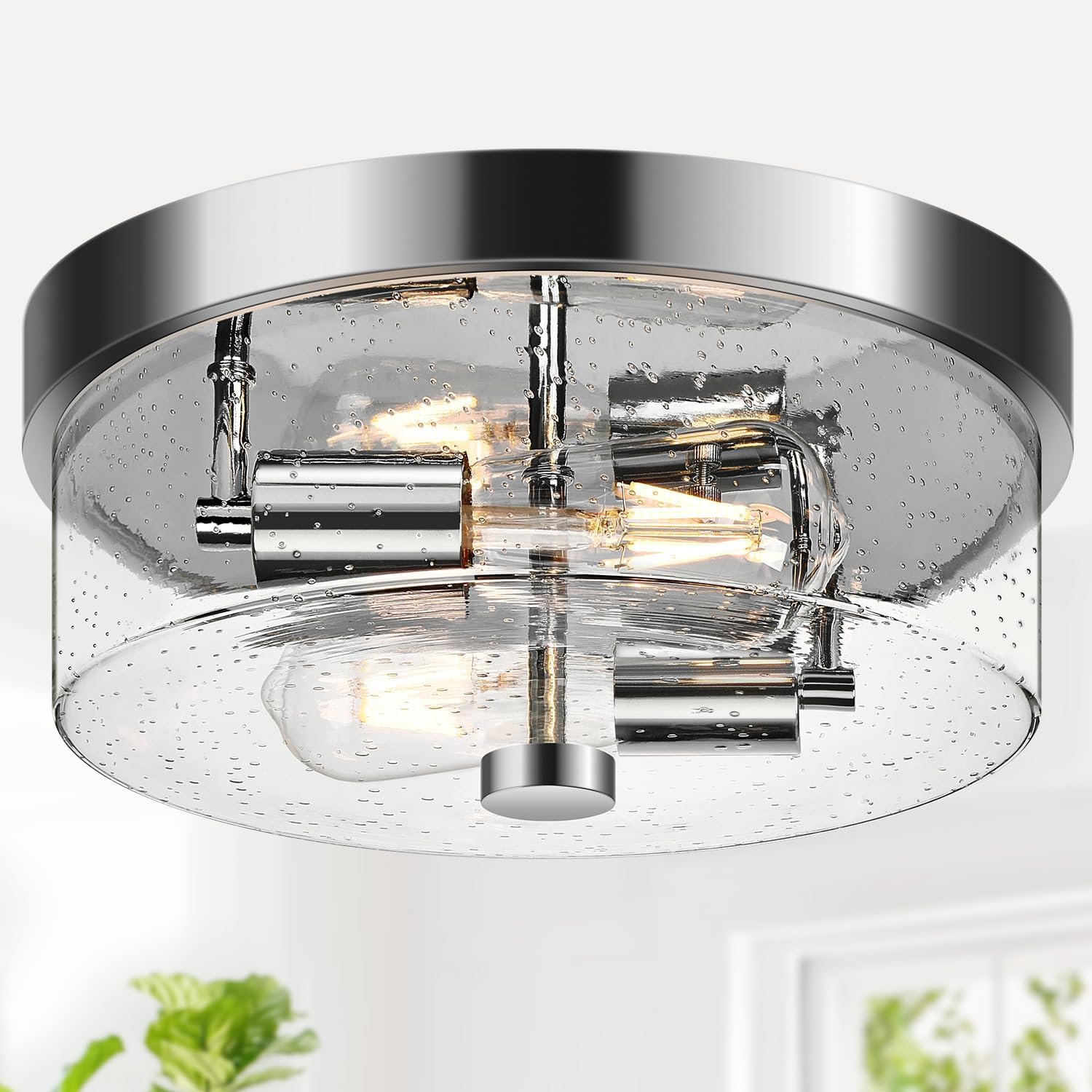Black 2-Light Flush Mount Ceiling Light with Seeded Glass