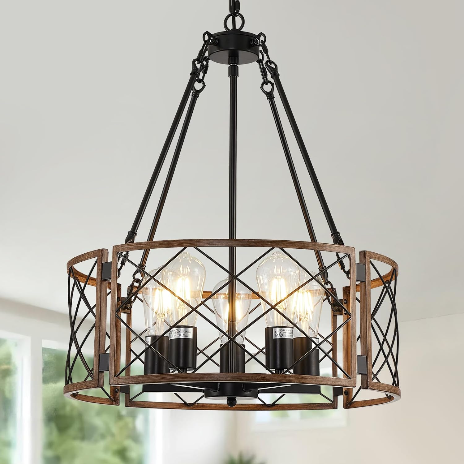 6-Light Black Geometric Farmhouse Chandelier for Dining Room