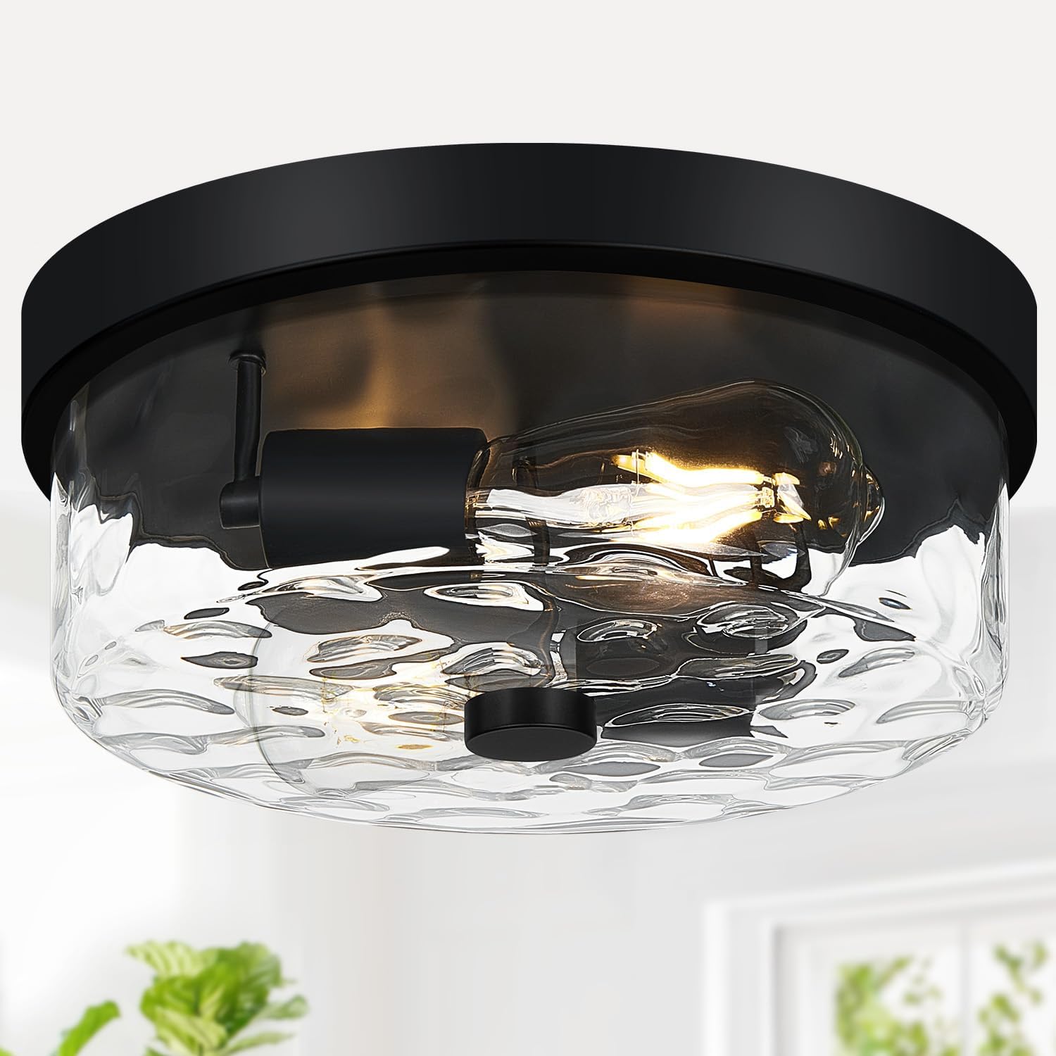 Black 2-Light Flush Mount Ceiling Light with Seeded Glass