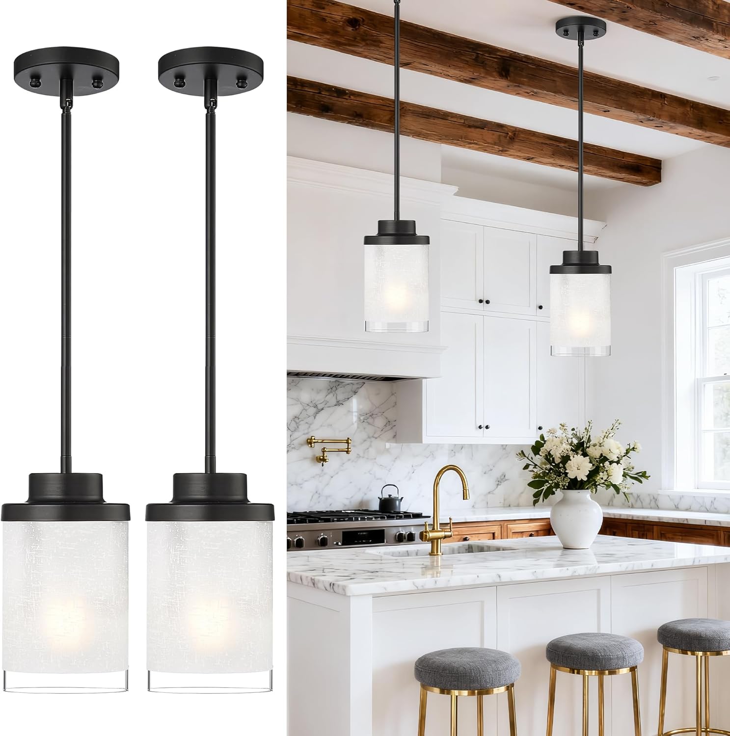 2-Pack Matte Black Farmhouse Pendant Lights for Kitchen Island