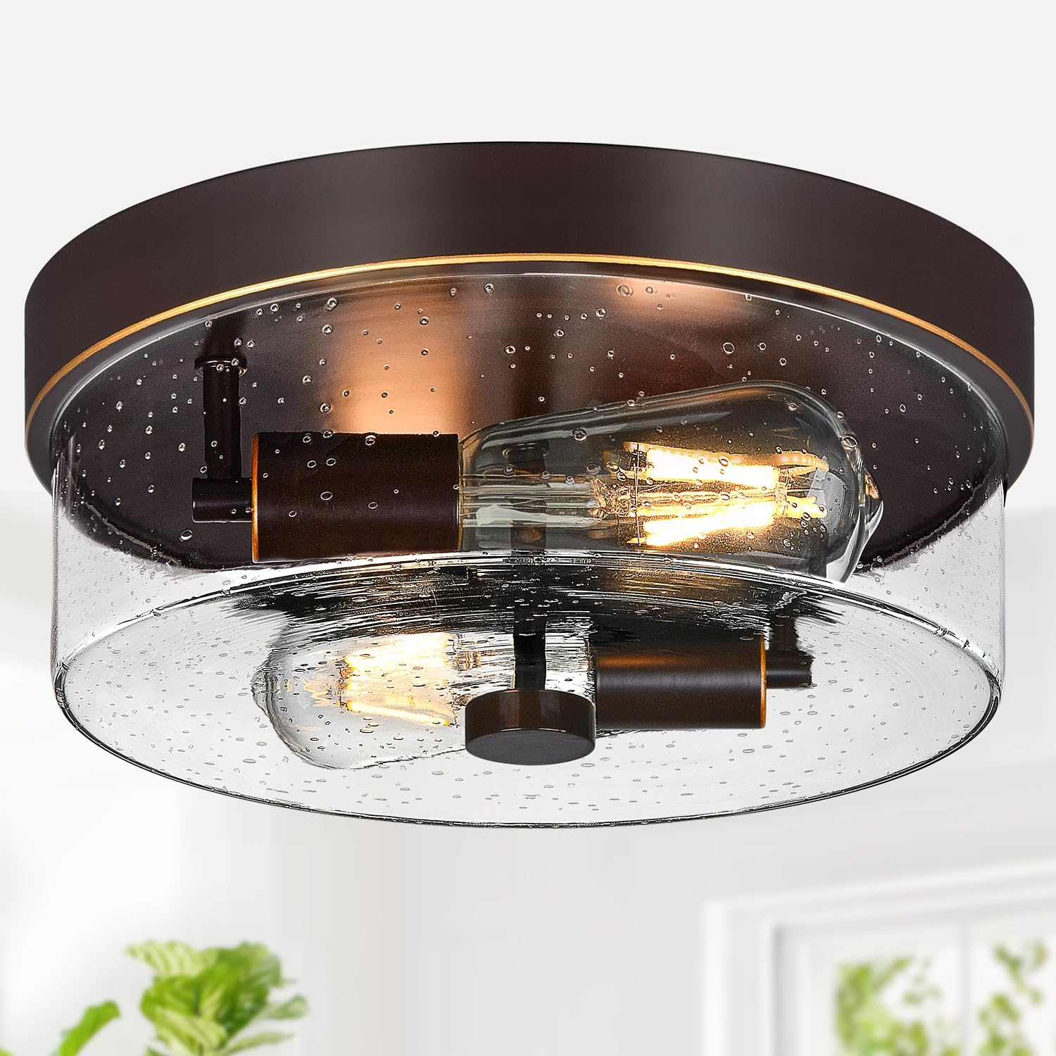 Black 2-Light Flush Mount Ceiling Light with Seeded Glass