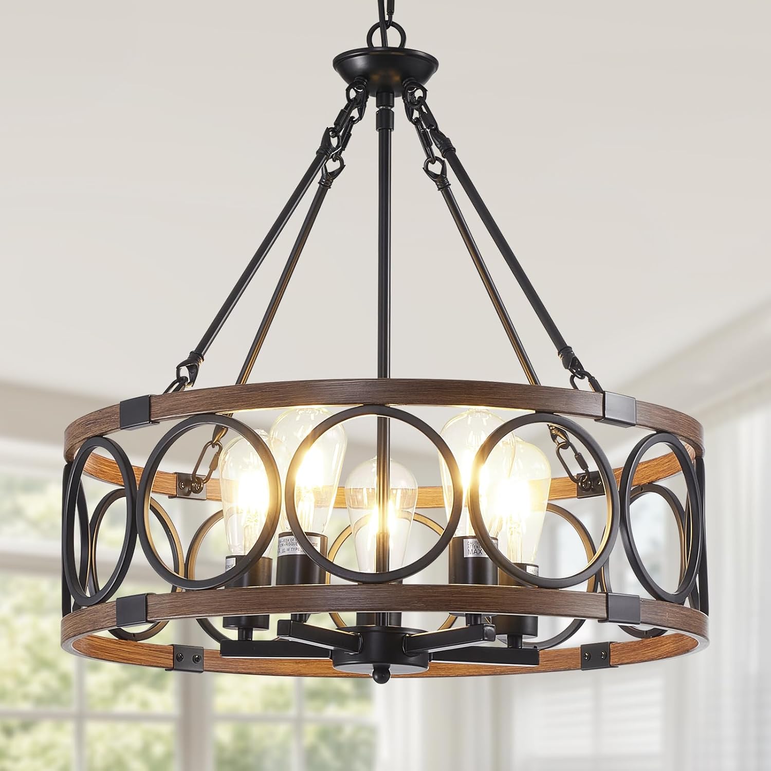 6-Light Black Geometric Farmhouse Chandelier for Dining Room