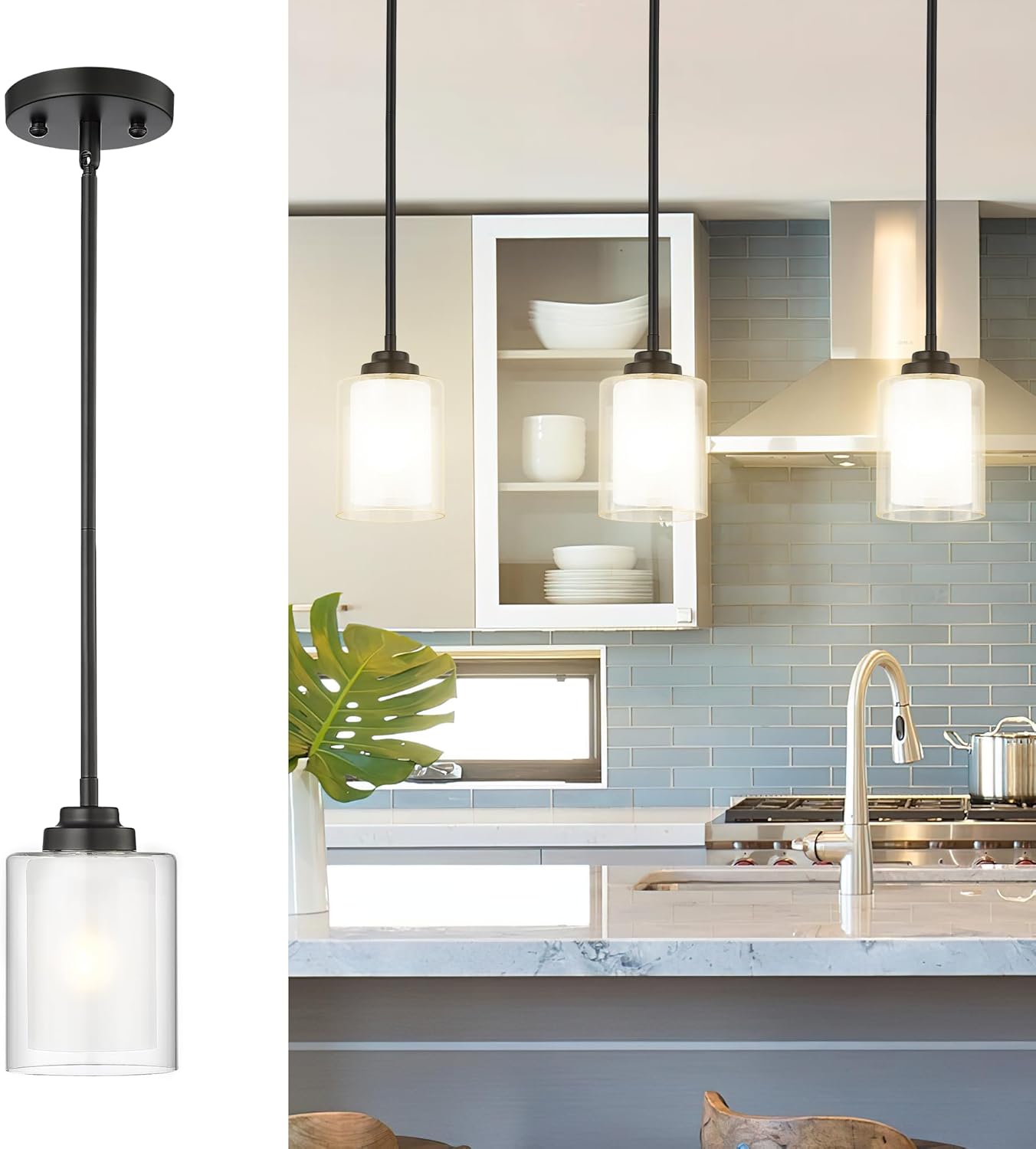 2-Pack Matte Black Farmhouse Pendant Lights for Kitchen Island