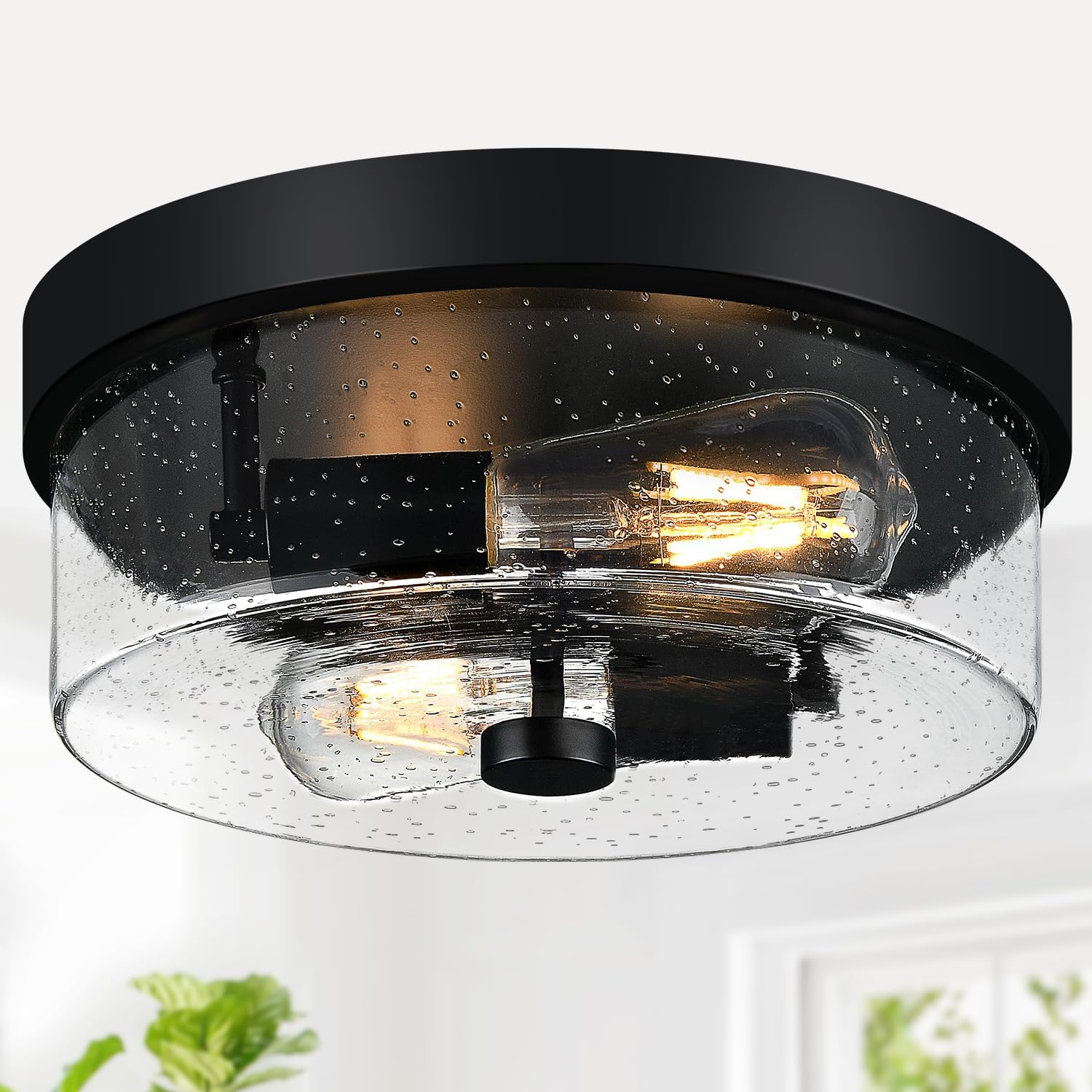 Black 2-Light Flush Mount Ceiling Light with Seeded Glass