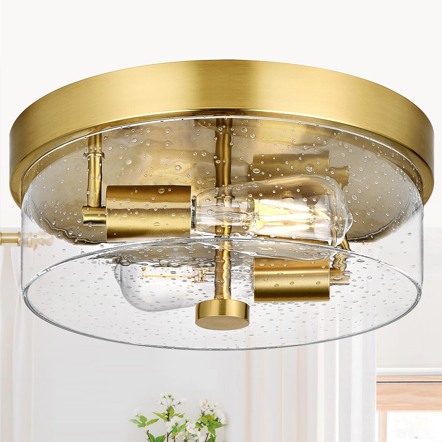 Black 2-Light Flush Mount Ceiling Light with Seeded Glass