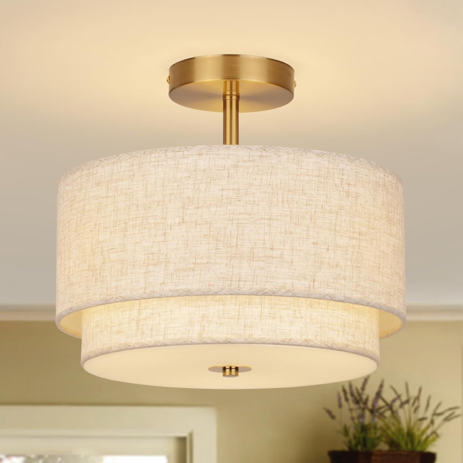 Gold Semi Flush Mount Ceiling Light with Double Linen Shade