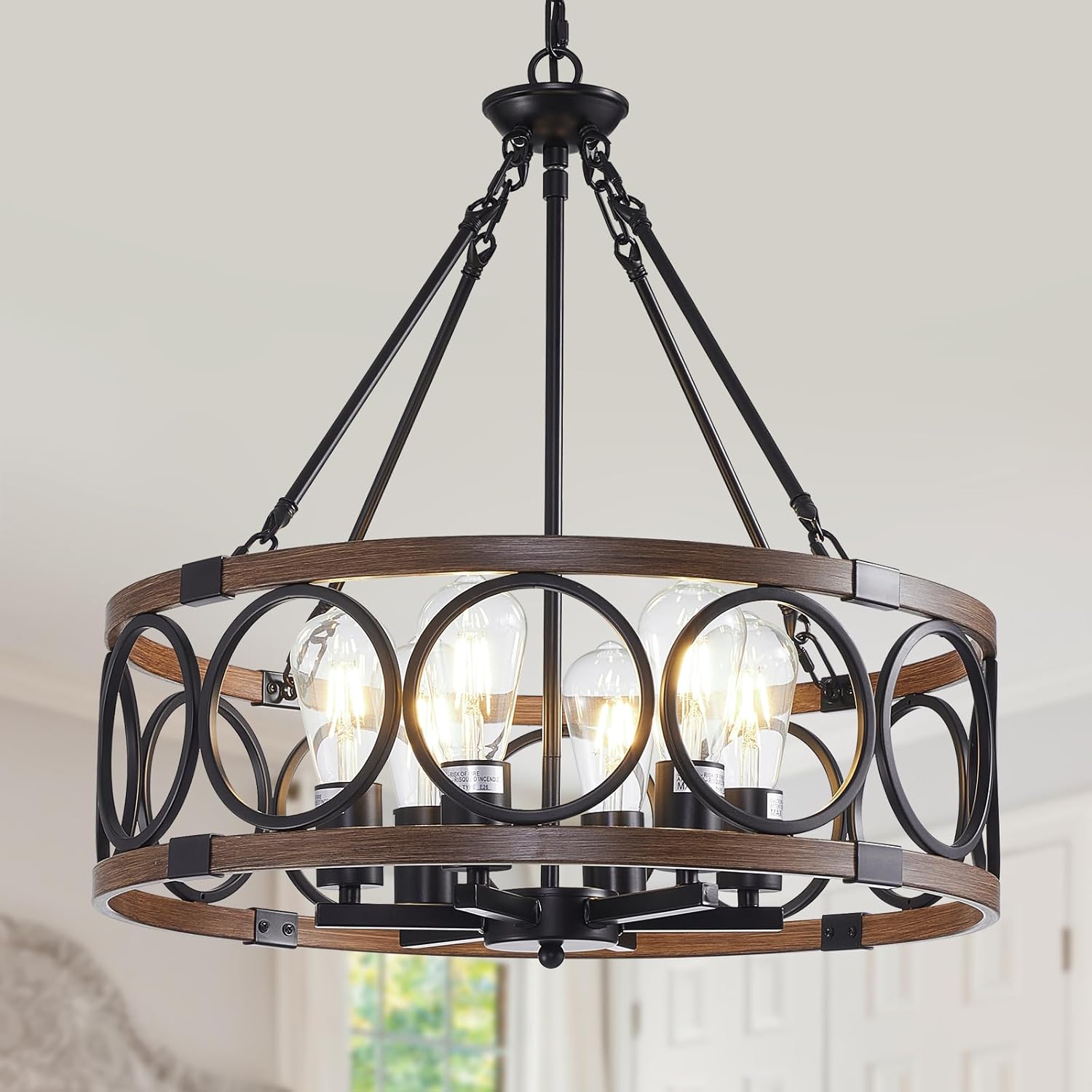 6-Light Black Geometric Farmhouse Chandelier for Dining Room