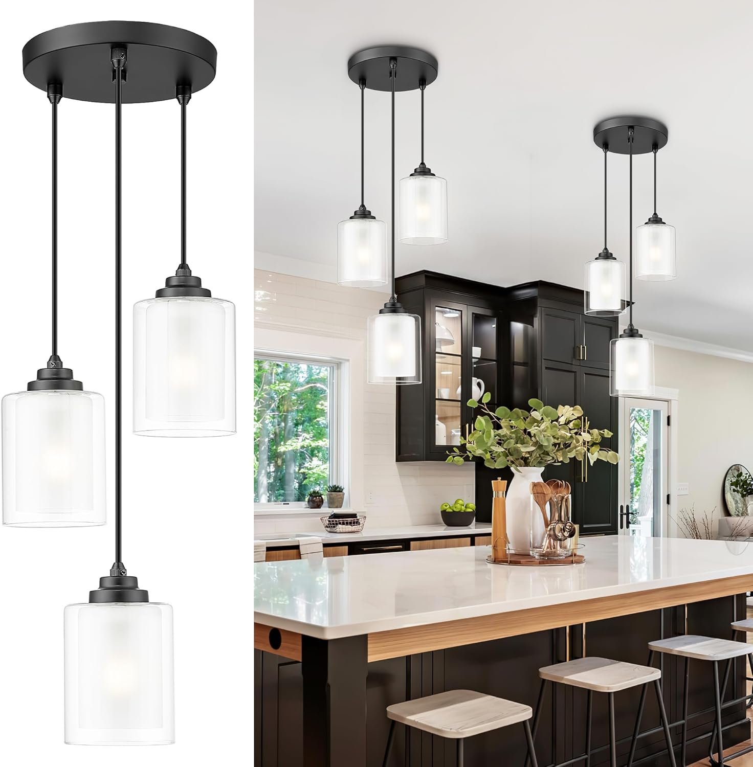 2-Pack Matte Black Farmhouse Pendant Lights for Kitchen Island