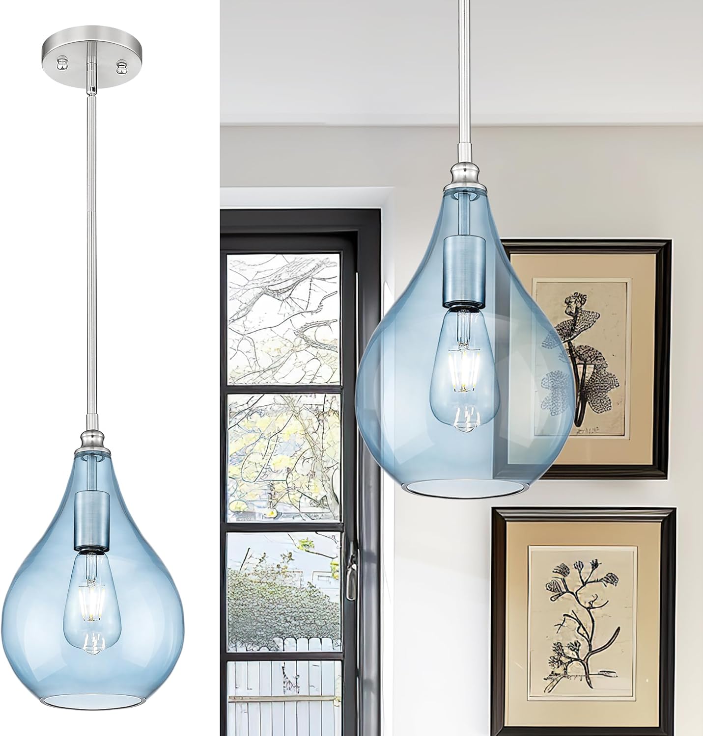 2-Pack Brushed Nickel Glass Pendant Lights for Kitchen Island