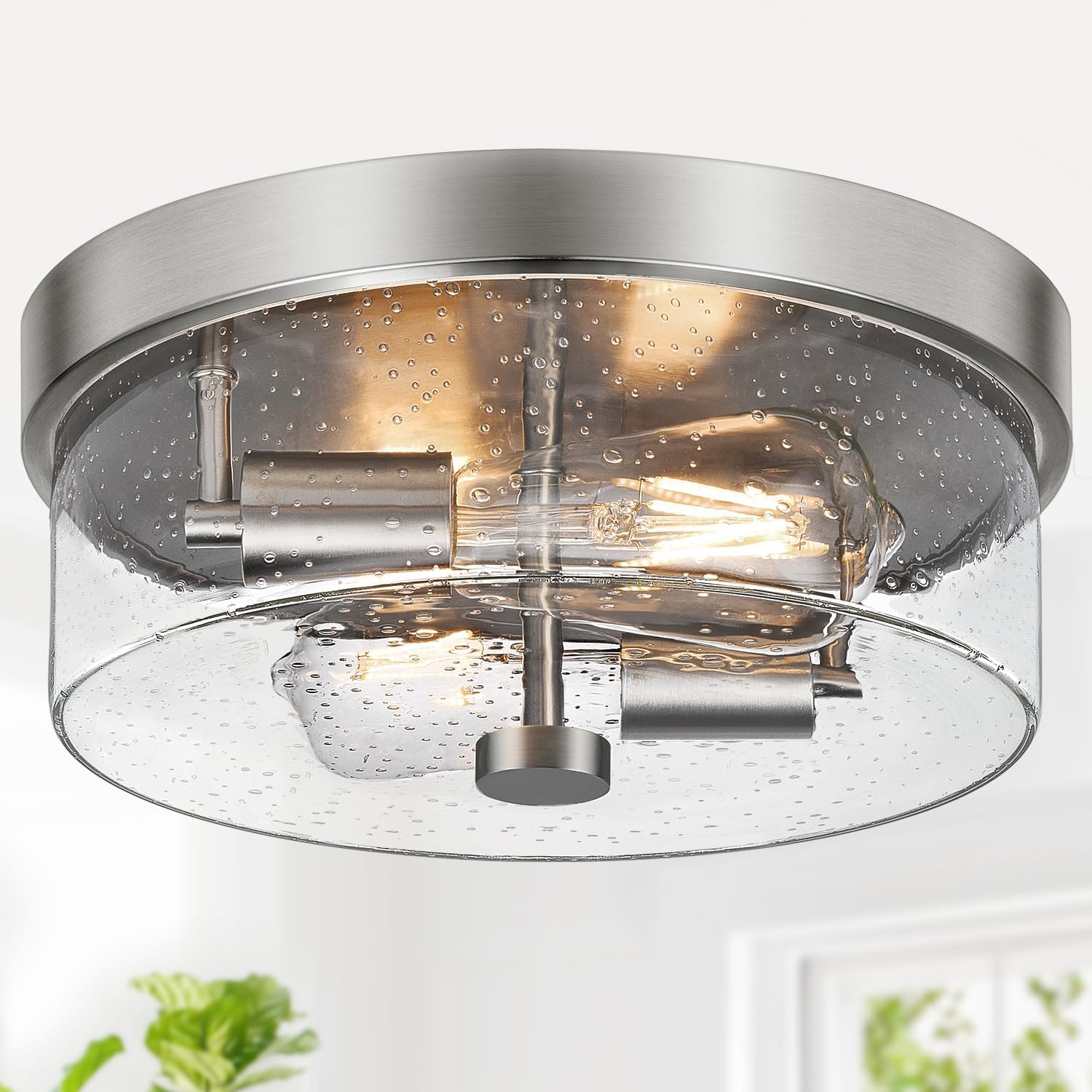 Black 2-Light Flush Mount Ceiling Light with Seeded Glass