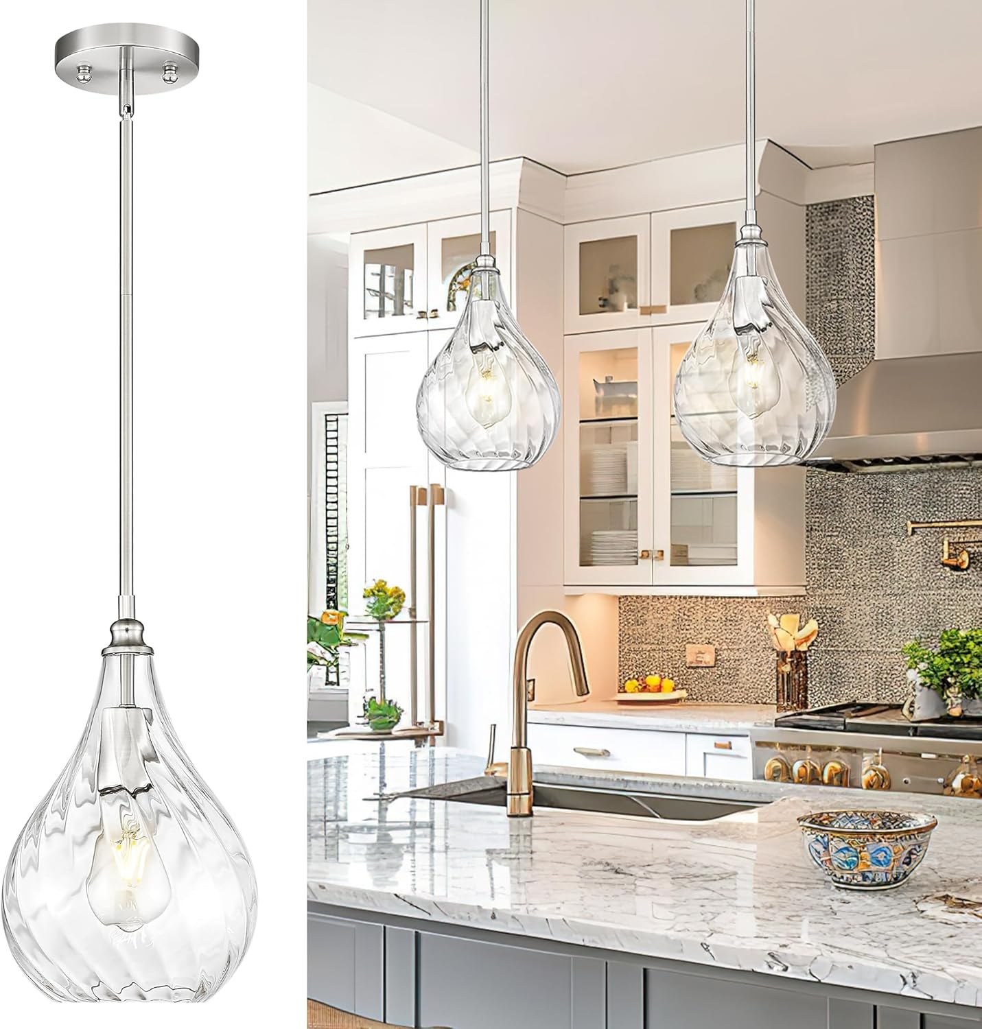 2-Pack Brushed Nickel Glass Pendant Lights for Kitchen Island