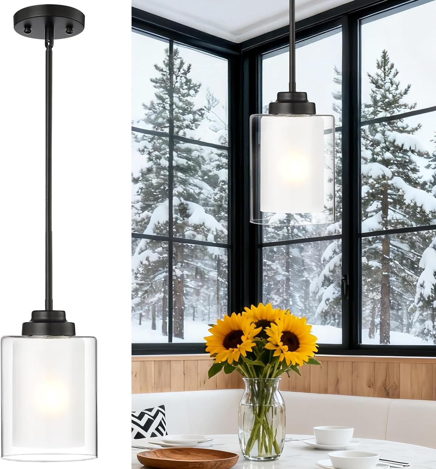 2-Pack Matte Black Farmhouse Pendant Lights for Kitchen Island